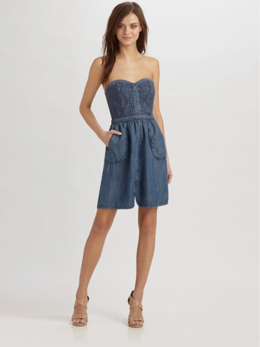 Rebecca Taylor Blue Quilted Denim Strapless Summer Dress 4 S pockets